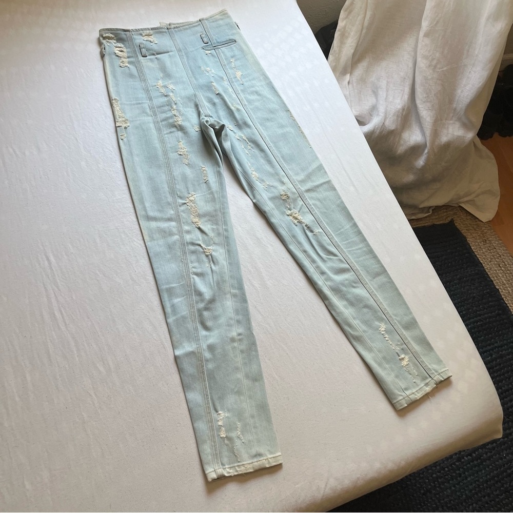 RACHEL COMEY light blue denim stretch distressed bleach slim skinny cropped jean